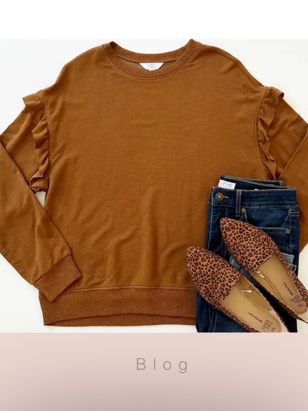 Time and Tru Ruffle Detail Long Sleeve Top - Brown large